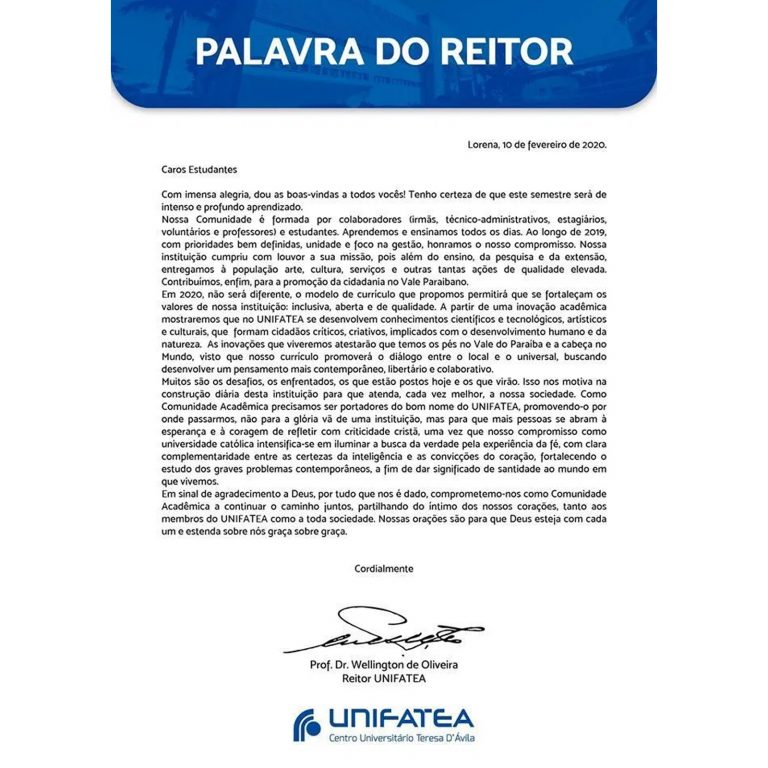 Palavra do Reitor para o início do ano letivo 2020